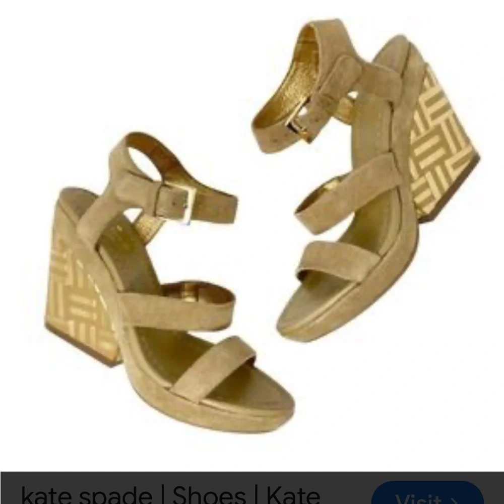 Kate Spade Farryn Wedge Heel Sandals Sz 8.5 Tan Suede Metallic Gold Geo Strappy